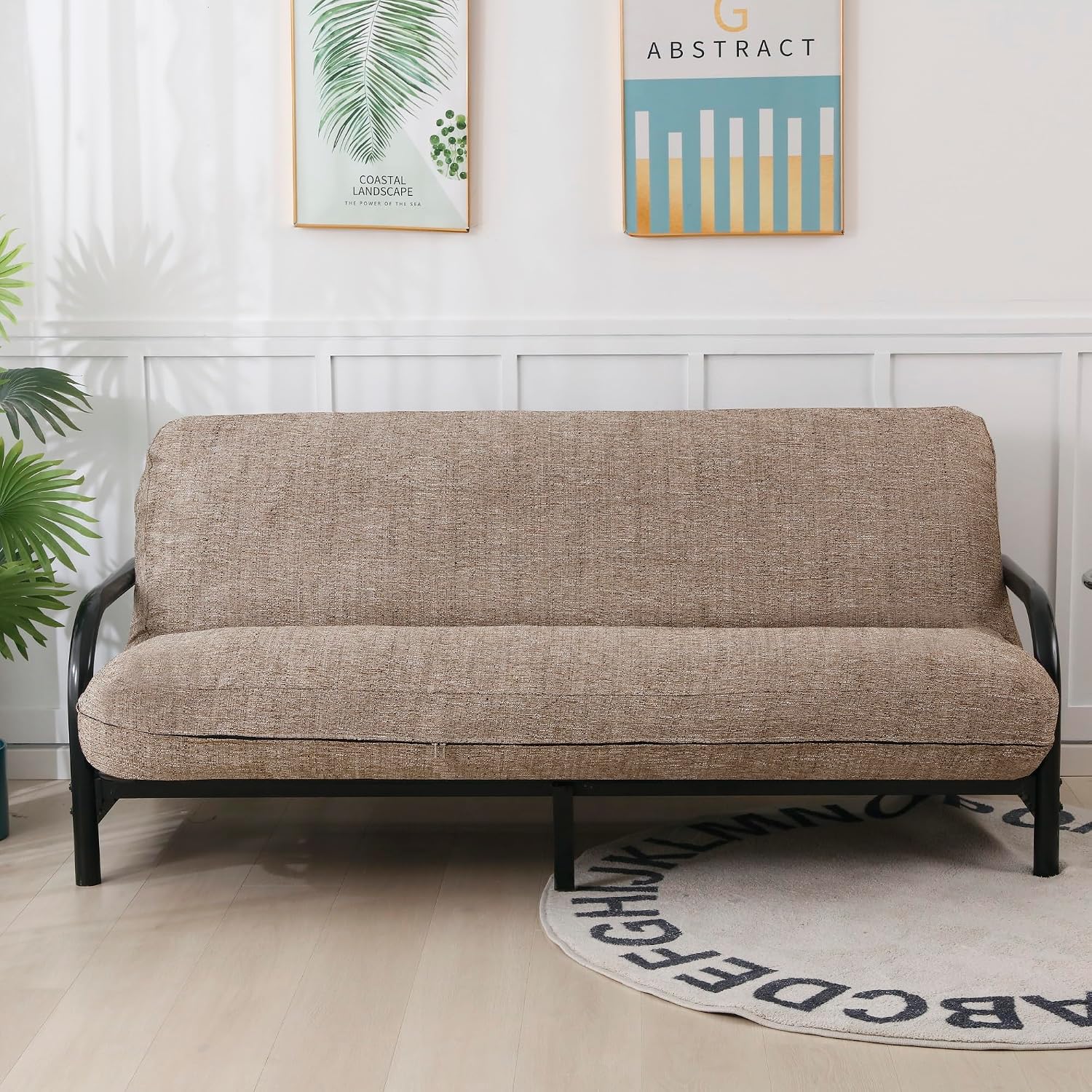 OctoRose Full Size 3 Side Zipper Upholstery Thick Linen Camel Futon Cover Sofa DayBed Mattress Slipcover Couch Protector (Linen-Camel, Full Size)