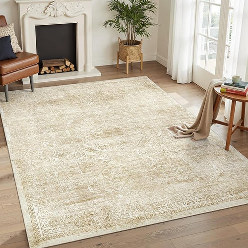 5x7 Area Rugs Beige Low Pile Indoor Washable Trendy Faded Style Floral Rugs - Image 2