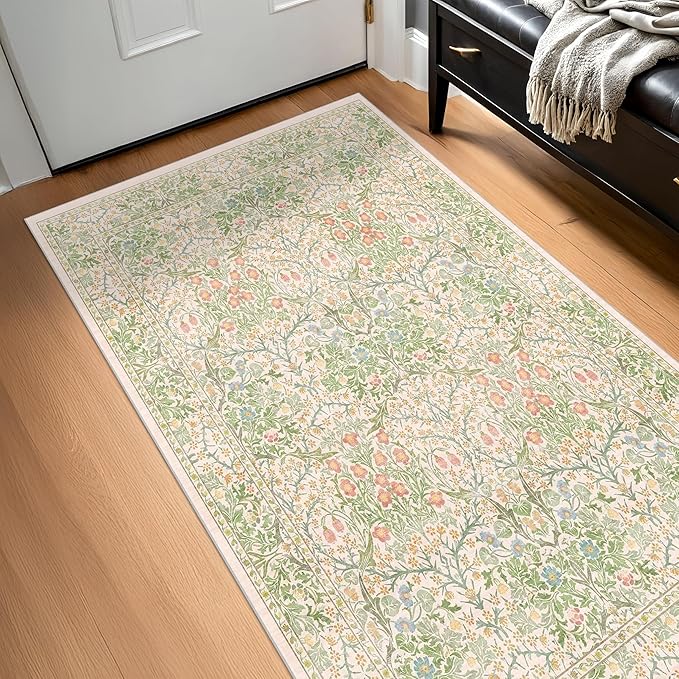 Washable Neutral Floral Living Room Rug, 3x5 Area Rugs by HazoHaus