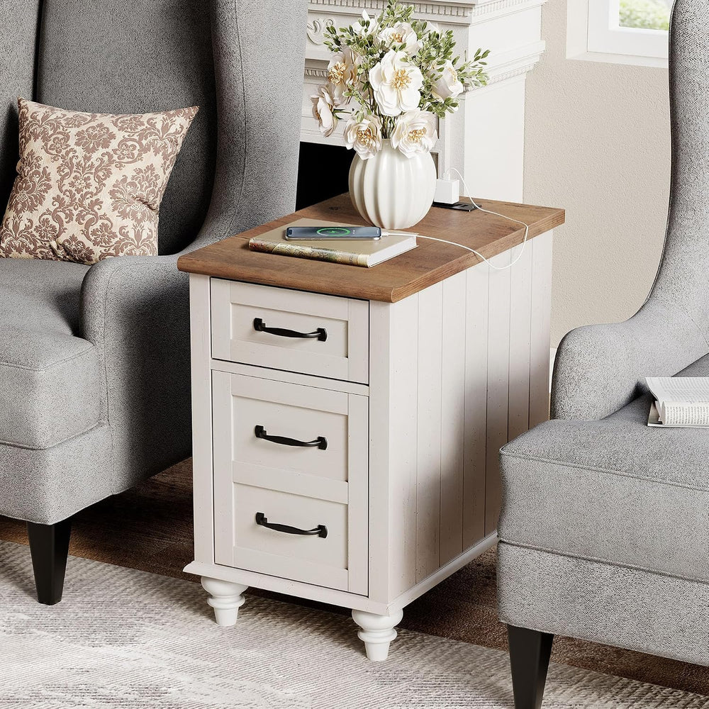 WAMPAT End Table with Charging Station, White Side Table with Storage Cabinet...