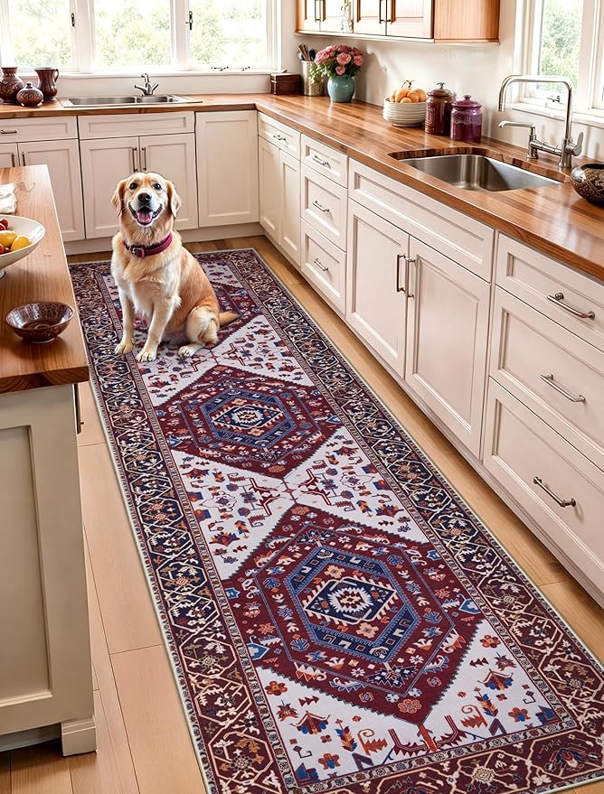 SERISSA Runner Rug for Hallways, Long Boho Rug Vintage Burgundy Navy Hallway - Image 3