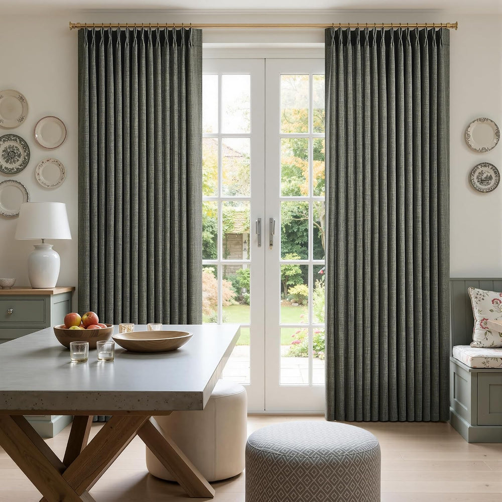 Pinch Pleated Linen Curtains 96 Inches Extra Long Olive Green Drapes, Thick L...