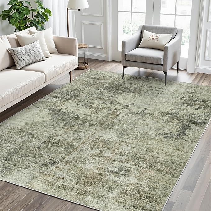 Area Rug 6x9 Abstract Living Room Washable Rugs Green Black Non Slip Low Pile - Image 2