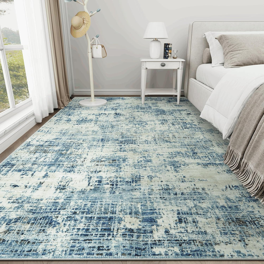 10x14 Washable Area Rug for Living Room Bedroom: Non-Slip Modern Blue Gray