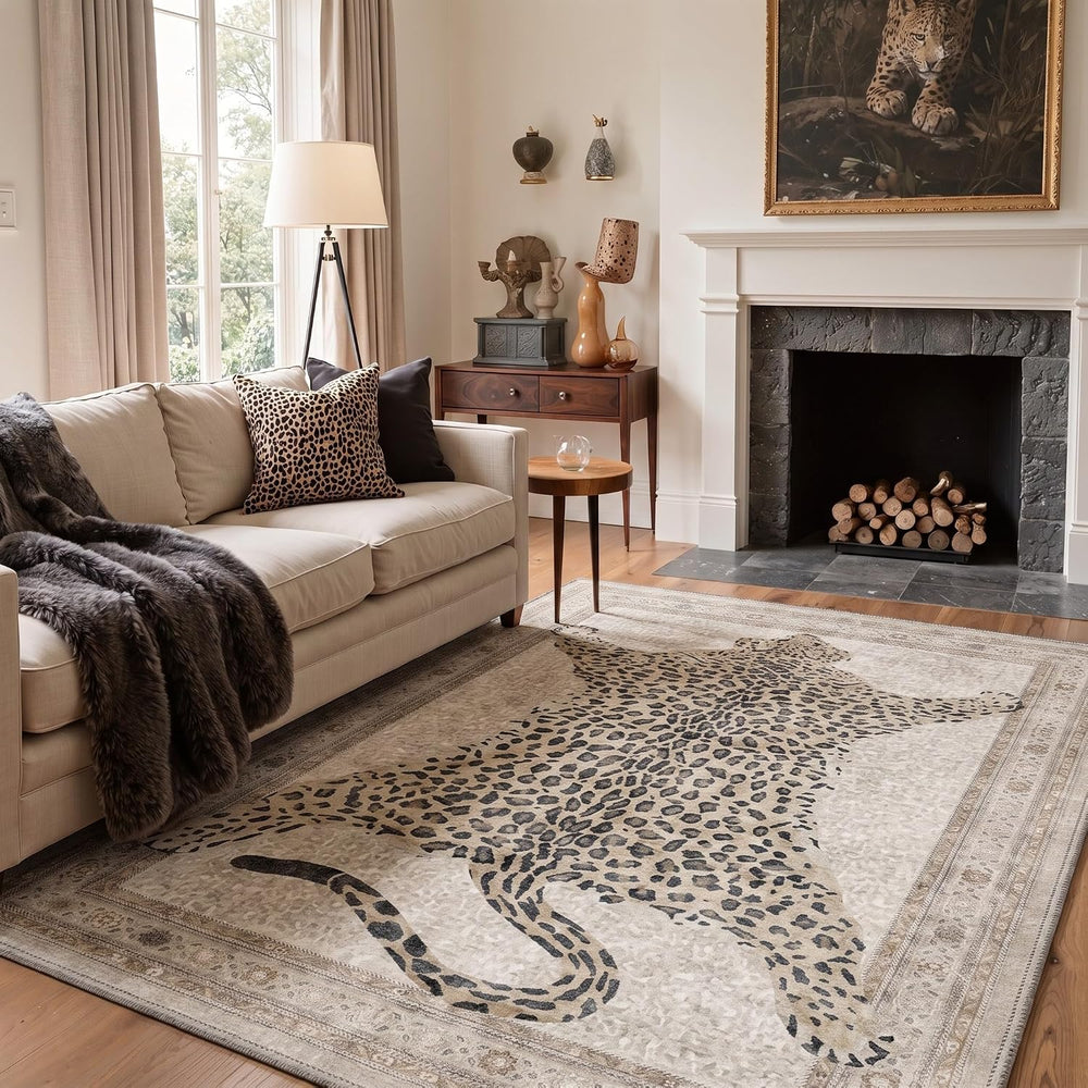 Bavni Leopard Rug 8x10 Cheetah Animal Print Rug Washable Jungle Rugs White