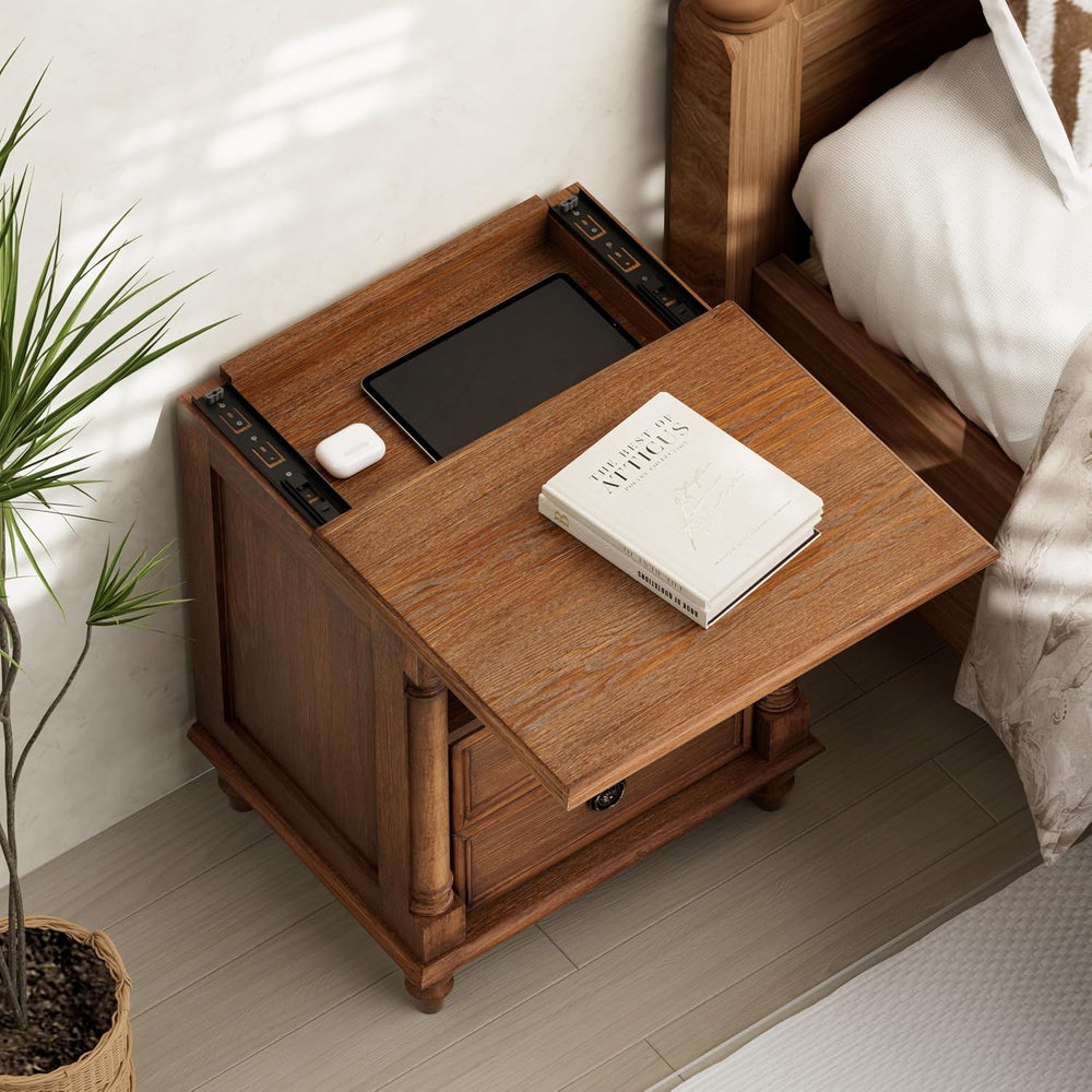 COZAYH Wood Nightstand with Sliding Top & Hidden Storage, 2 Drawer Bedsid...