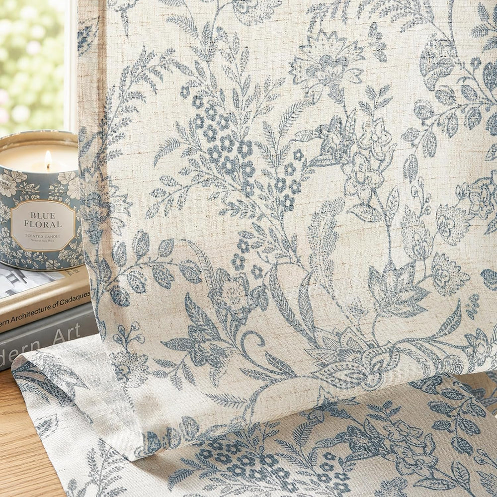Lazzzy Blue Floral Linen Curtains Farmhouse Rod Pocket 50W X 63L 2 Panels
