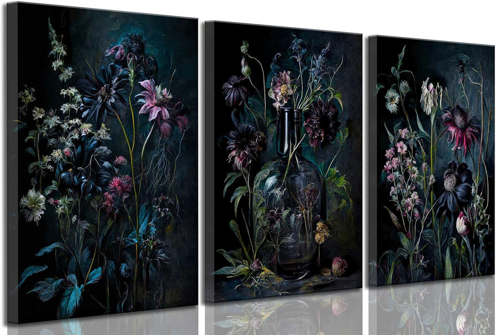 hijyord 3 Pcs Dark Academia Floral Canvas Wall Art 16x24in