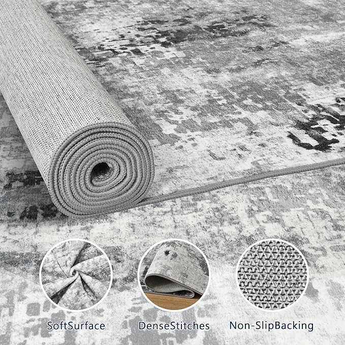 Living Room Rug 9x11 Gray Area Rugs Machine Washable Abstract Boho Large Rug - Image 2