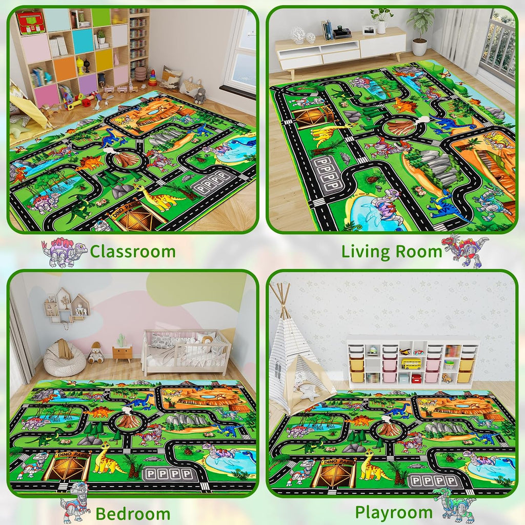 Kids Dinosaur Rug for Playroom 59" x 39.4", Dino Road Play Mat with Car Tracks, Educational Toddler Play Rug for Boys Bedroom, Robot Dinosaur Park Carpet for Toy Cars, Nursery, Classroom