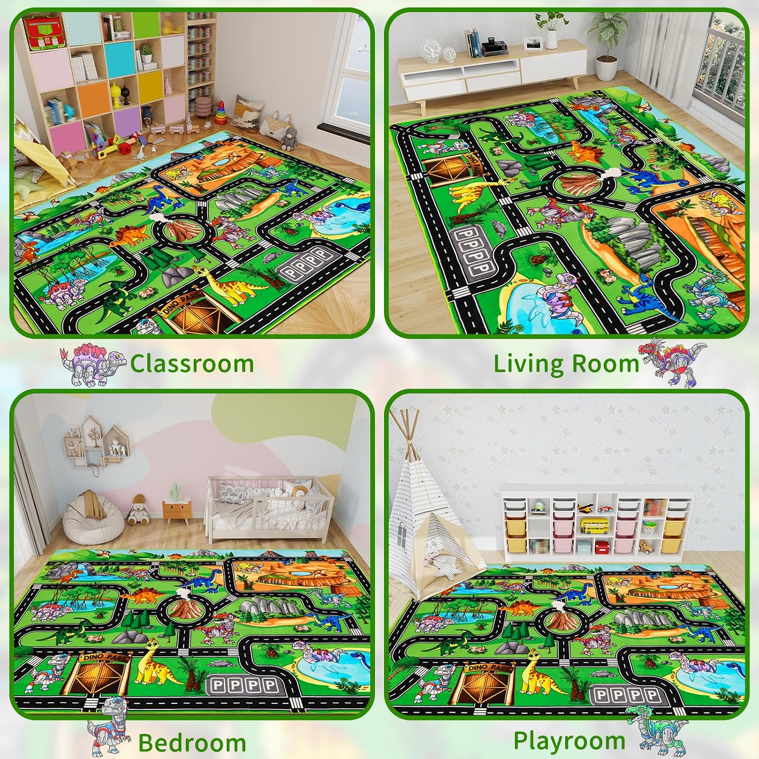Kids Dinosaur Rug for Playroom 59" x 39.4", Dino Road Play Mat with Car Tracks, Educational Toddler Play Rug for Boys Bedroom, Robot Dinosaur Park Carpet for Toy Cars, Nursery, Classroom
