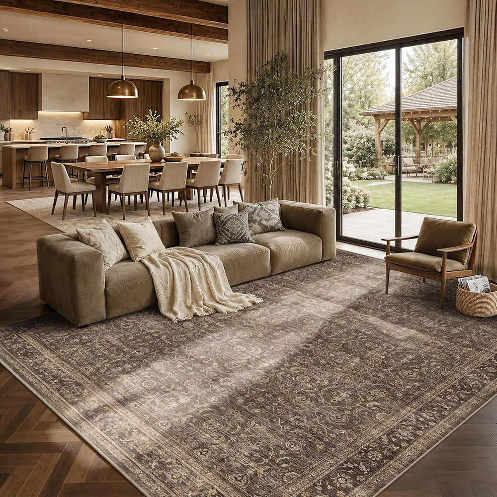 JOOJA 9x12 Dark Brown Vintage Soft Low Pile Washable Boho Large Area Rug