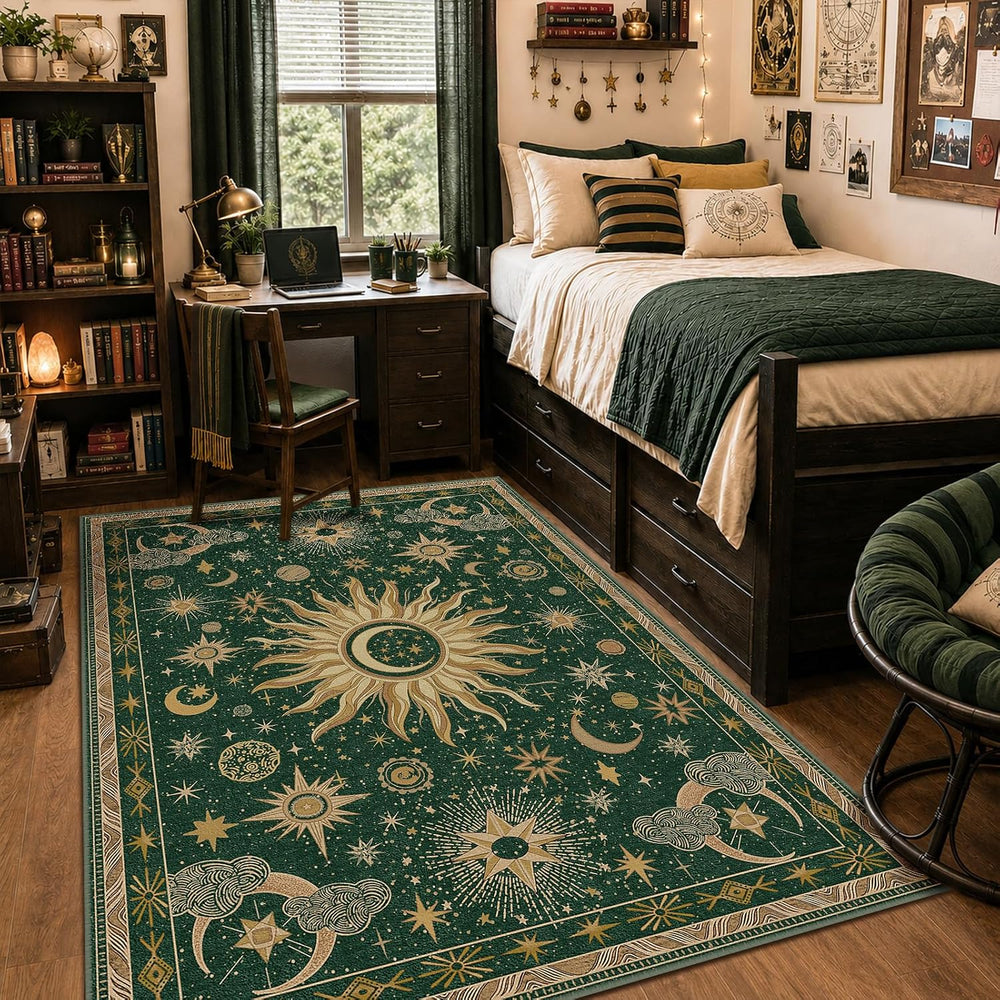 Vacuum-Friendly, 5x7 Washable Area Rug, Green Gold Yellow