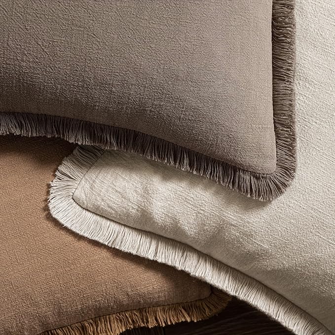 MIULEE Decorative Throw Pillow Covers Neutral Linen Fringe Throw Pillows Euro - Image 4