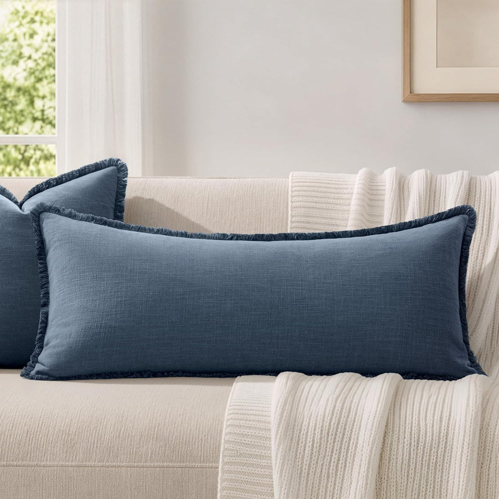 MIULEE 14x36 Long Linen Fringe Lumbar Pillow Covers Set of 1 Blue Ashes