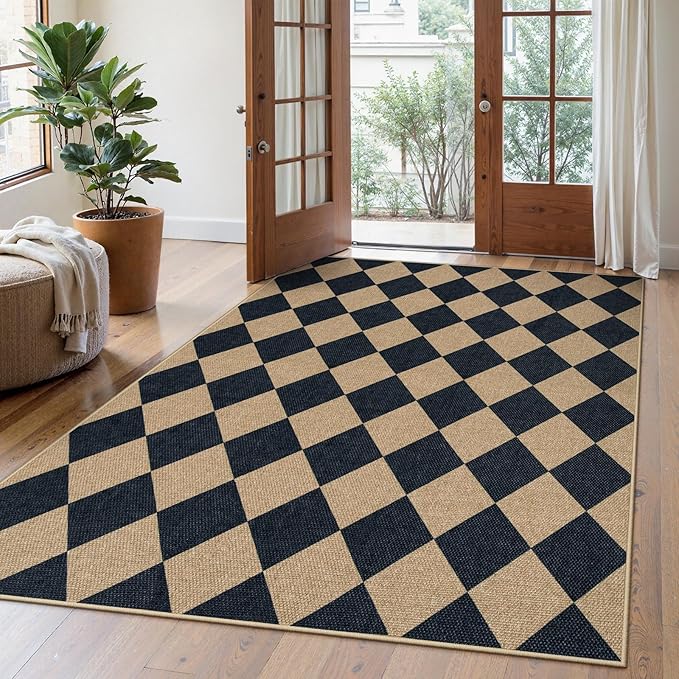 Lahome Checkered Easy Jute 5x7 Area Rugs, Washable Outdoor Patio Rug by Lahome