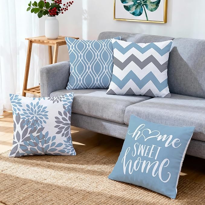 Hexagram Geometric Aqua Blue Pillow Covers 18x18 Set of 4, Decorative Outdoor - Image 6