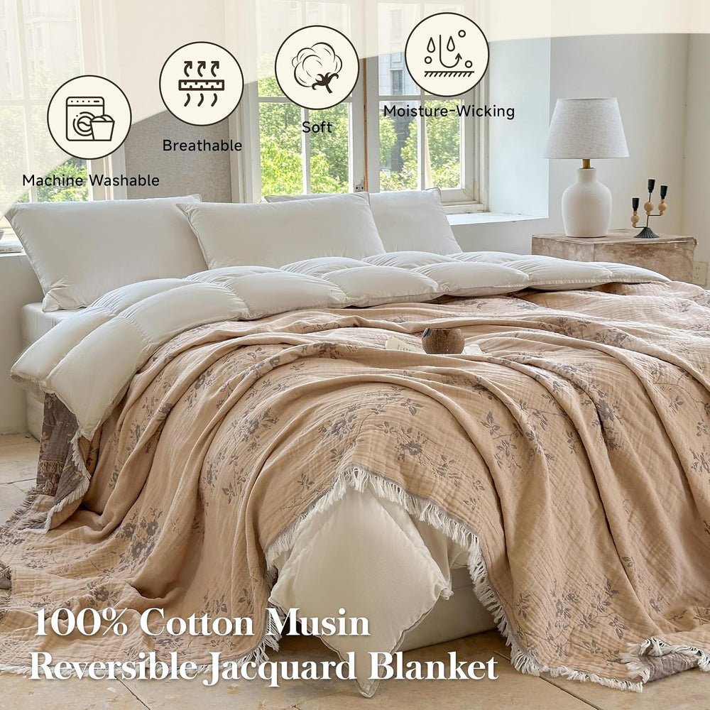 QKTE 100% Cotton Muslin Blanket King Size with Tassels, Lightweight Breathabl...