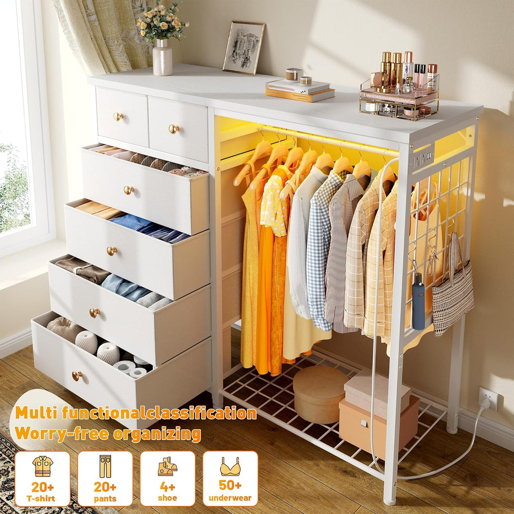 EnHomee 49.2" W Dresser with Hanging Rack & 6 Drawers, Grid Panel &a...
