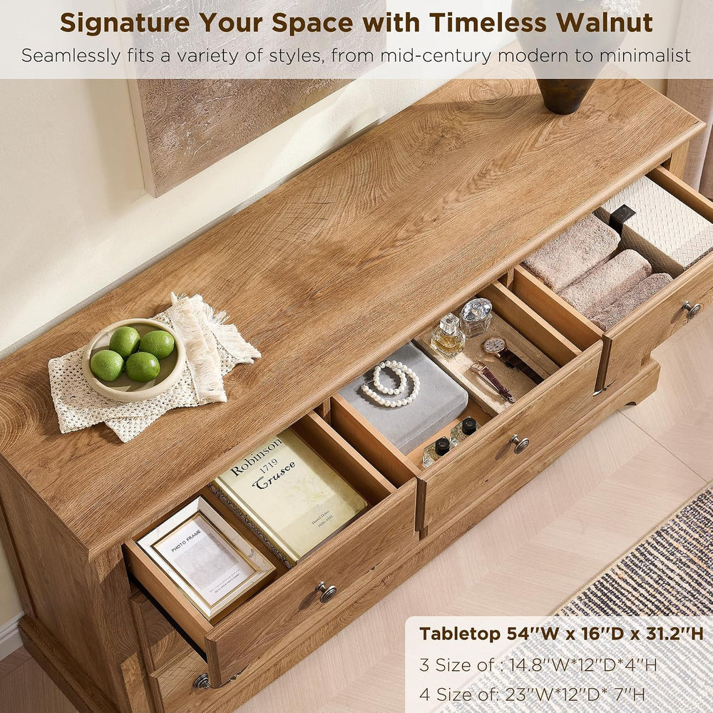 T4TREAM 54" Wide 7 Drawers Dresser Chests for Living Room, Light Knotty Oak