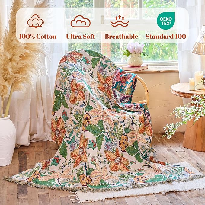 MSGKV Boho Throw Blanket for Couch Chair 100% Cotton Embroidery Floral Blanket - Image 2