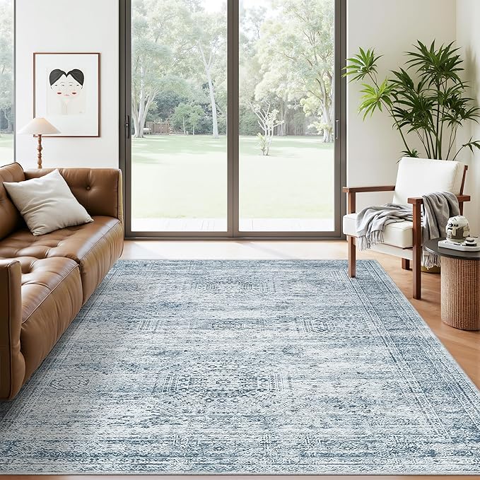 5x7 Area Rugs Blue Low Pile Indoor Washable Trendy Faded Style Rugs by Soalmost