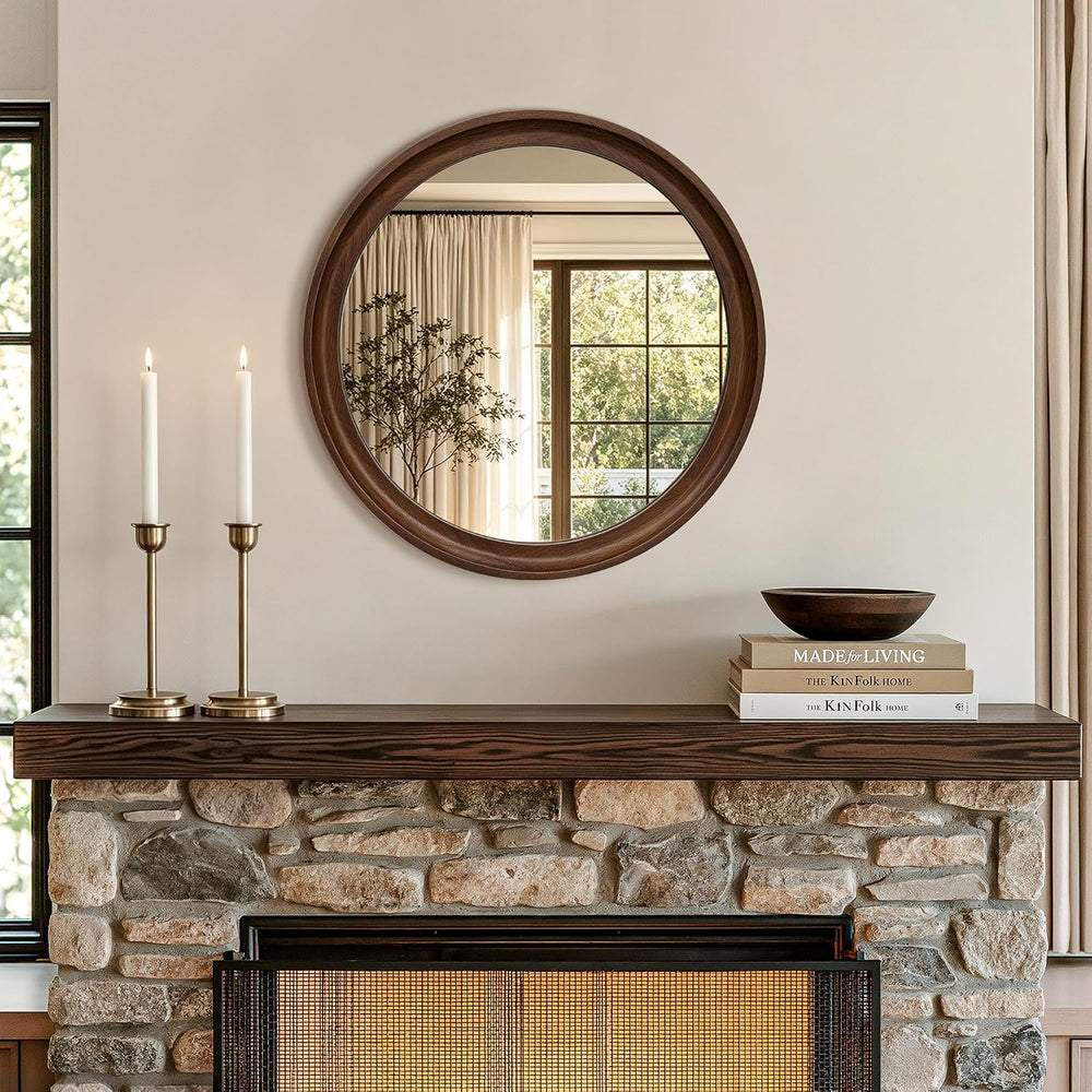 Round Wood Mirror, 22" Circle Mirror with Wooden Frame, Walnut Brown