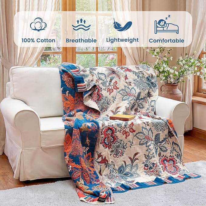 MSGKV Boho Throw Blanket 50"x60" 100% Cotton Floral Blanket - Image 2