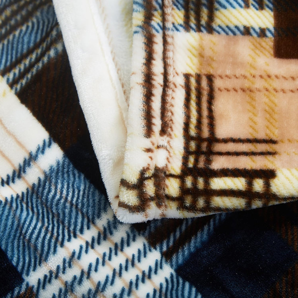 Tache Winter Cabin Blue Tan Farmhouse Super Soft Micro Fleece Tartan Plaid Pl...