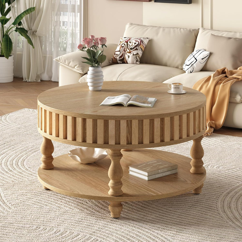 TesNus 31.5'' Round Coffee Table with Storage, Modern Wood Coffee Tab...
