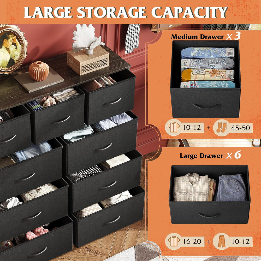WLIVE Tall Dresser for Bedroom, 9 Drawer Chest of Drawers, Charcoal Black