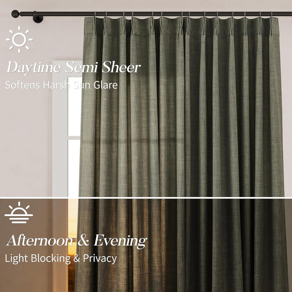 Pinch Pleated Linen Curtains 96 Inches Extra Long Olive Green Drapes, Thick L...