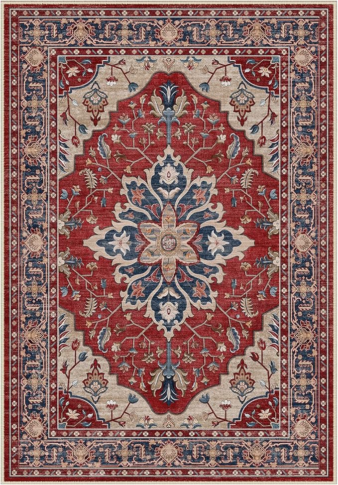 RELEANY Area Rugs Round 8ft Washable Non-Slip, Floral Vintage Distress Print by RELEANY