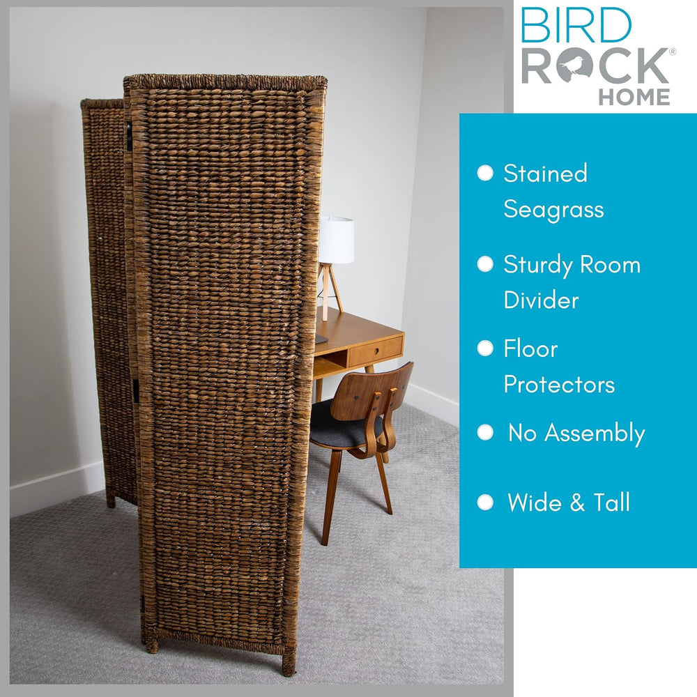 BIRDROCK HOME 3 Panel Seagrass Room Divider, Brown Wash, 57.5” x 70.1”