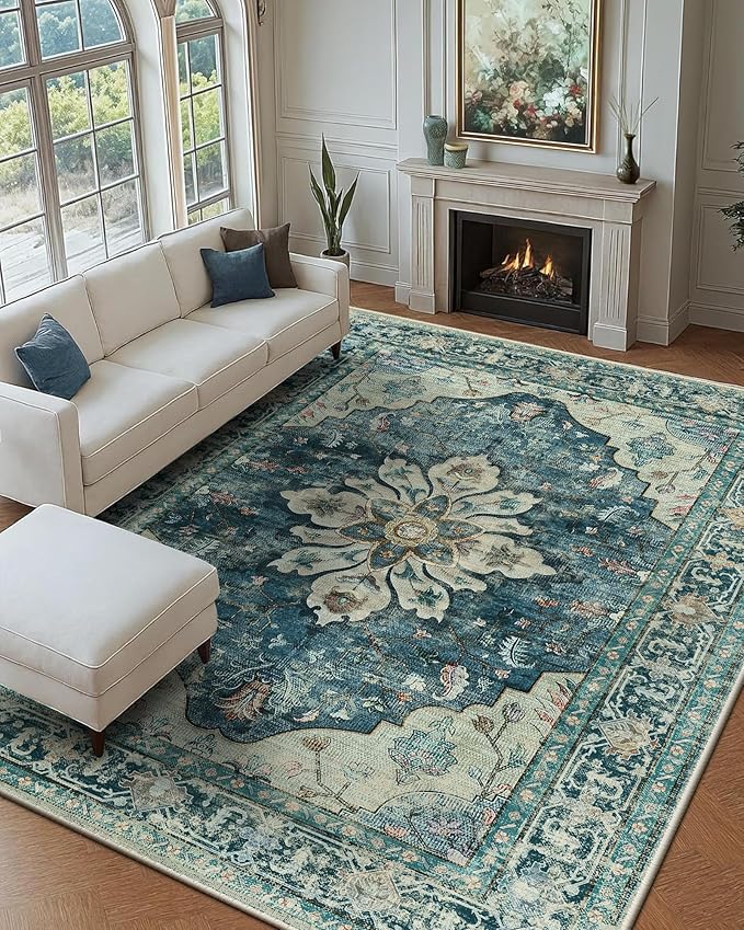 RELEANY Area Rugs 9'x12' Washable Non-Slip, Floral Vintage Distress Print by RELEANY