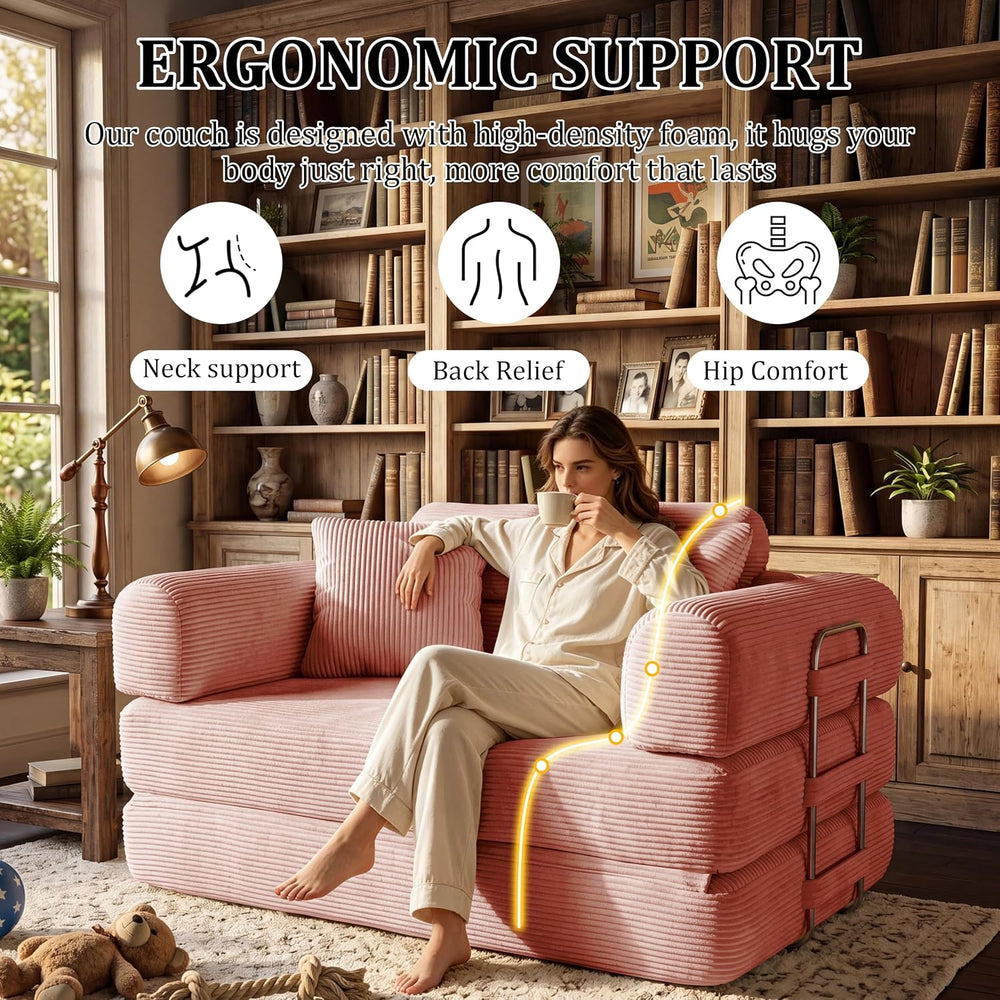 Convertible Sofa Couch Bed, 53.14"Folding Corduroy Floor Compression Lov...