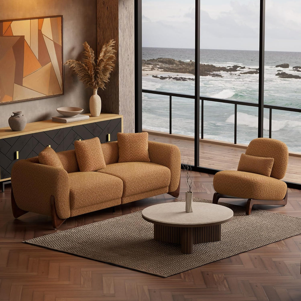 Morden Fort Boucle Chair,Upholstered Accent Chair&Wood Leg,Toffee Orange