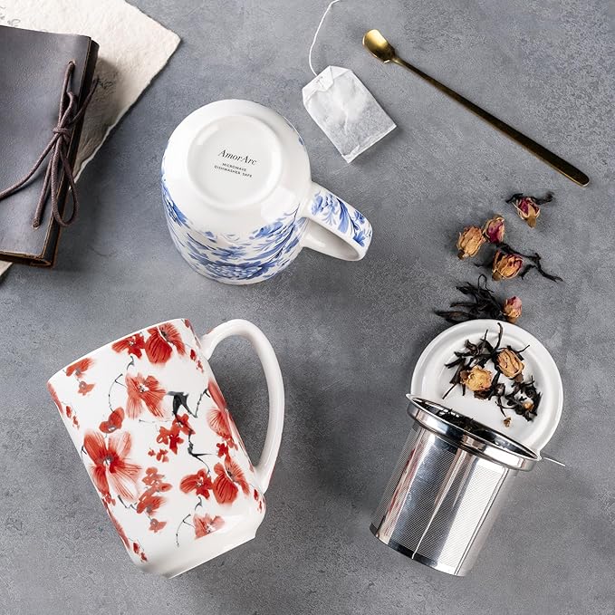 AmorArc Porcelain Tea Mug with Infuser and Lids, 18 Oz Coffee Cup Strainer with - Image 4