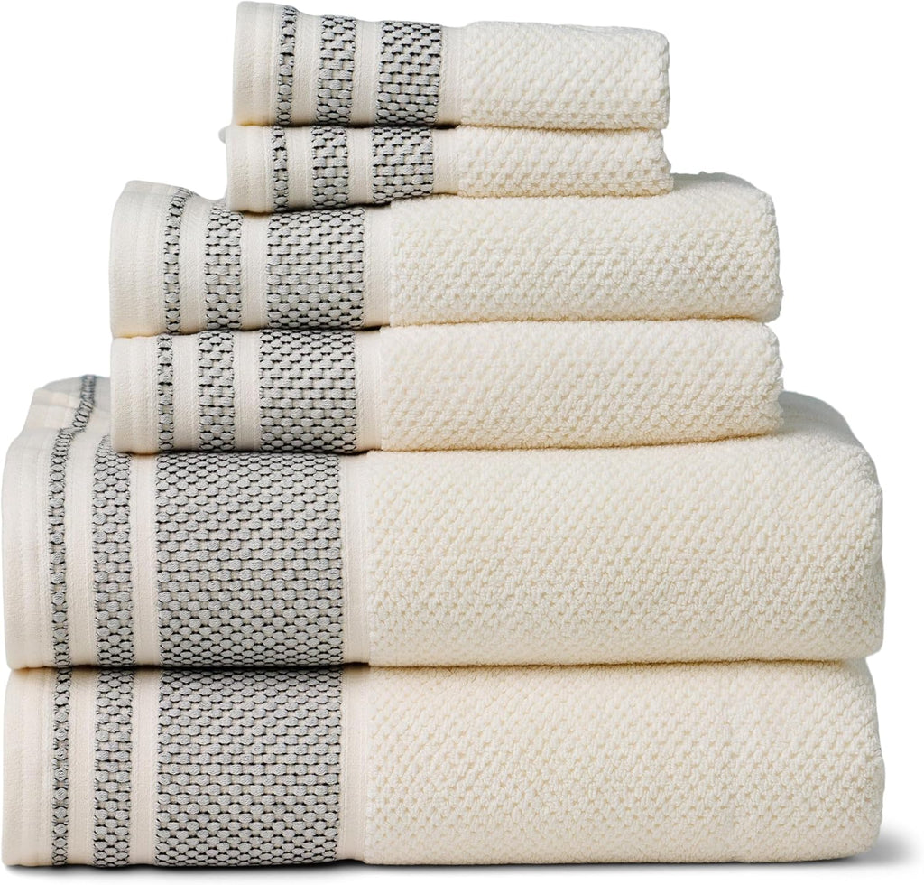 Texere 100% Organic Cotton Rice Weave Jacquard 700 GSM Luxury Bath Towel Set - 2 Large Bath Towels, 2 Hand Towels, 2 Washcloths (Rice Weave, Cream w/Blk, 6 Piece)