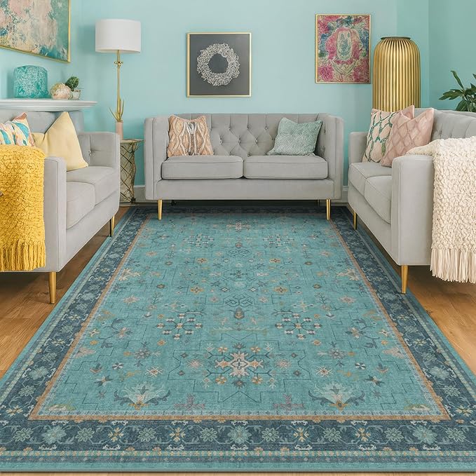 Washable 5x8 Teal Rug for Living Room, Boho Area Rugs for Bedroom Under Bed by HazoHaus