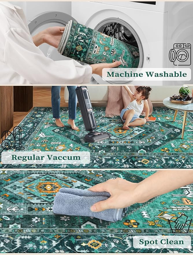 SERISSA Boho Washable Runner Rug, 2x6 Rug Runner Non-Slip Vintage Teal Hallway - Image 2