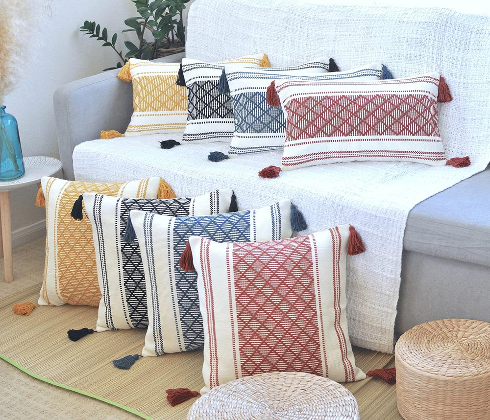 Decorative Boho Lumbar Pillow Covers with Tassels Navy Blue Off White, 12x20 ...
