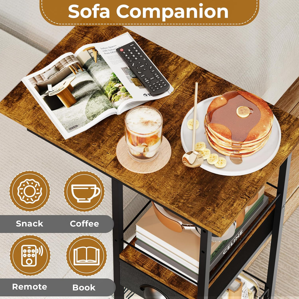 C Shaped Sofa Side Table with Wheels, Rolling Small Coffee Table with Drawer,...