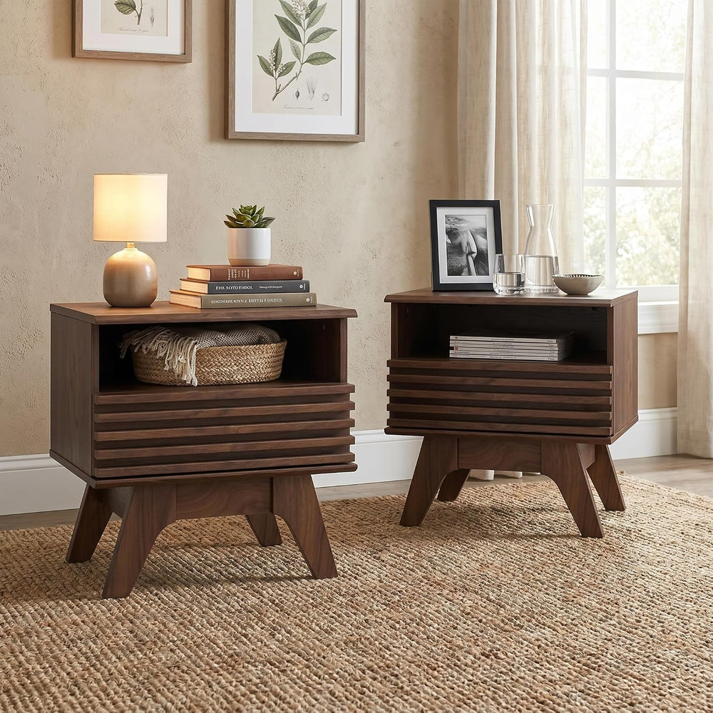 AODK 19 Inch Wide Fluted Nightstand Set of 2 with Drawer, Dark Walnut | Open ...