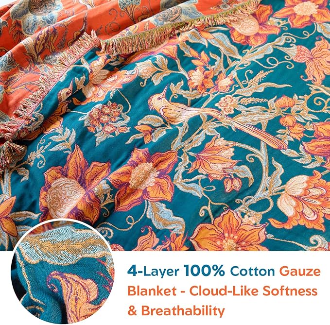 MSGKV Boho Throw Blanket for Bed Twin Size 100% Cotton Floral Bird Blanket - Image 4