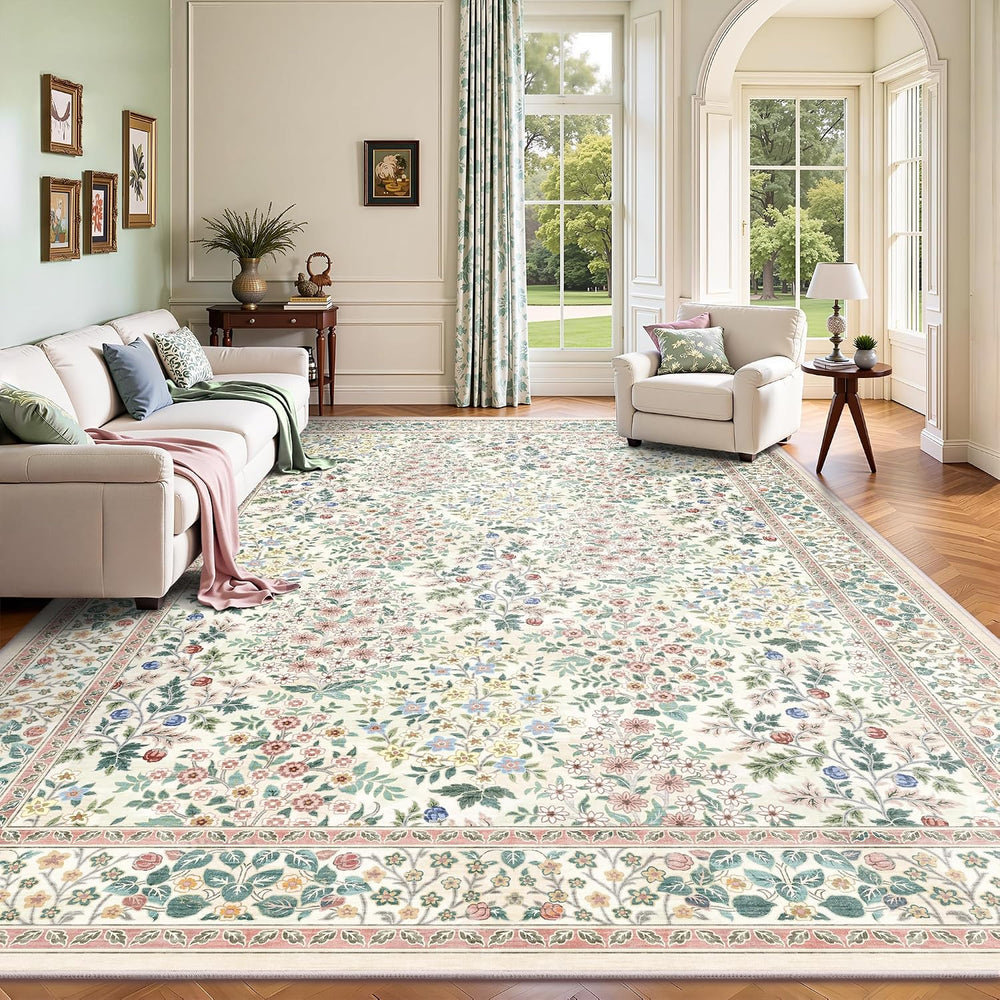 8x10 Area Rugs, Machine Washable Low Pile Floral Rugs for Living Room, Bedroo...