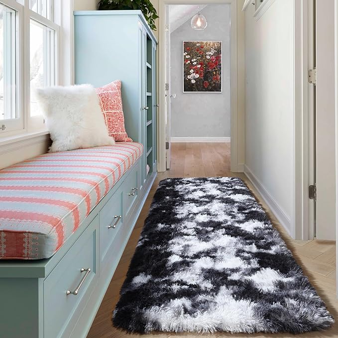 ONASAR Runner Rugs for Bedroom Living Room, Fluffy Black and White 2x6 Bedside - Image 7