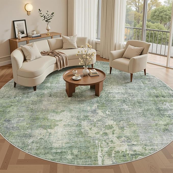 8x8 Green/Ivory Round Rug 8ft Living Room Circle Rug Vintage Round Area Rug Non - Image 3