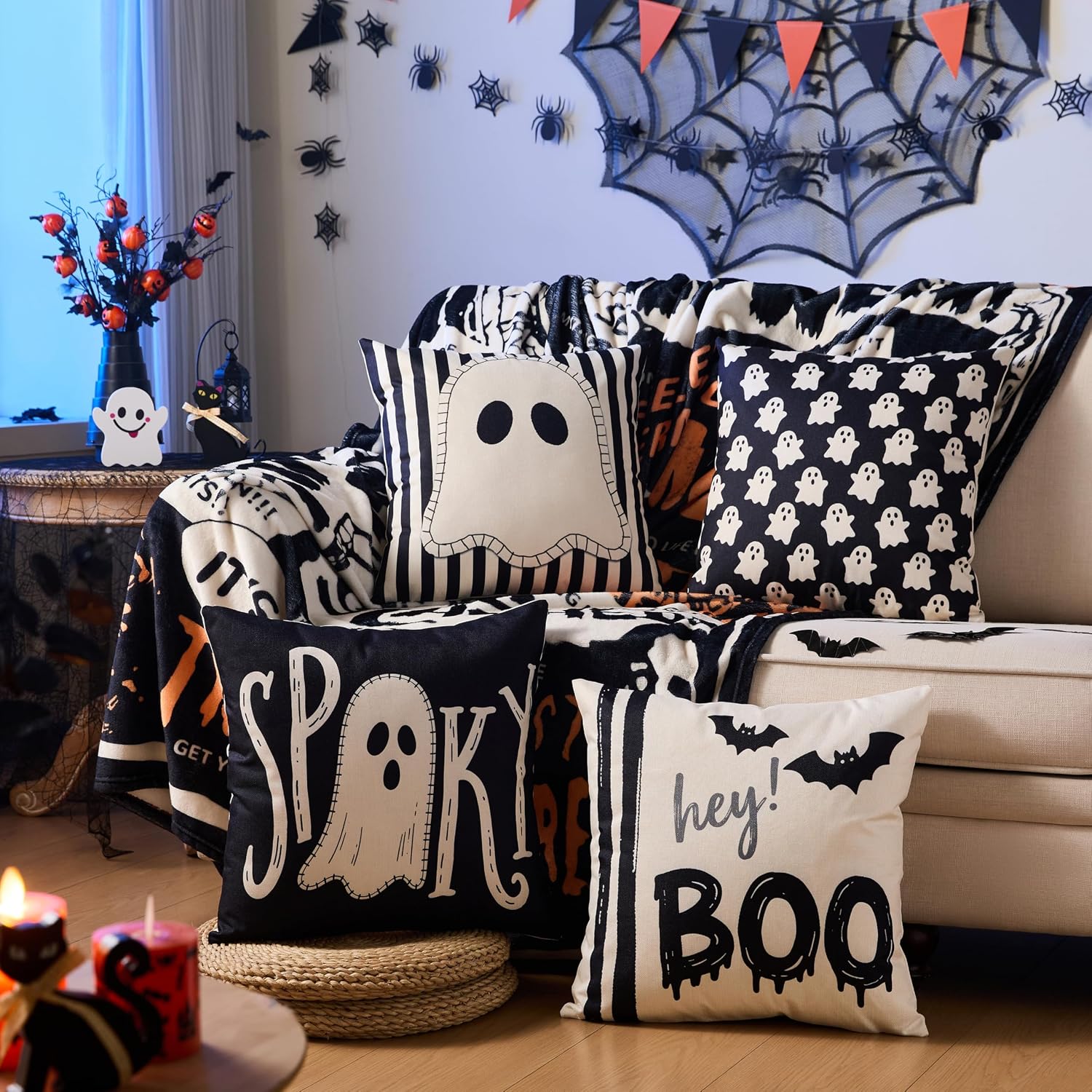 Halloween Decor Pillow Covers 20x20 Inch,Set of 4 Halloween Decorations Outdoor Indoor Throw Pillow Covers, Hey Boo Cute Spooky Ghost Black Striped Linen Cushion Case for Home Sofa Couch Bed Chair
