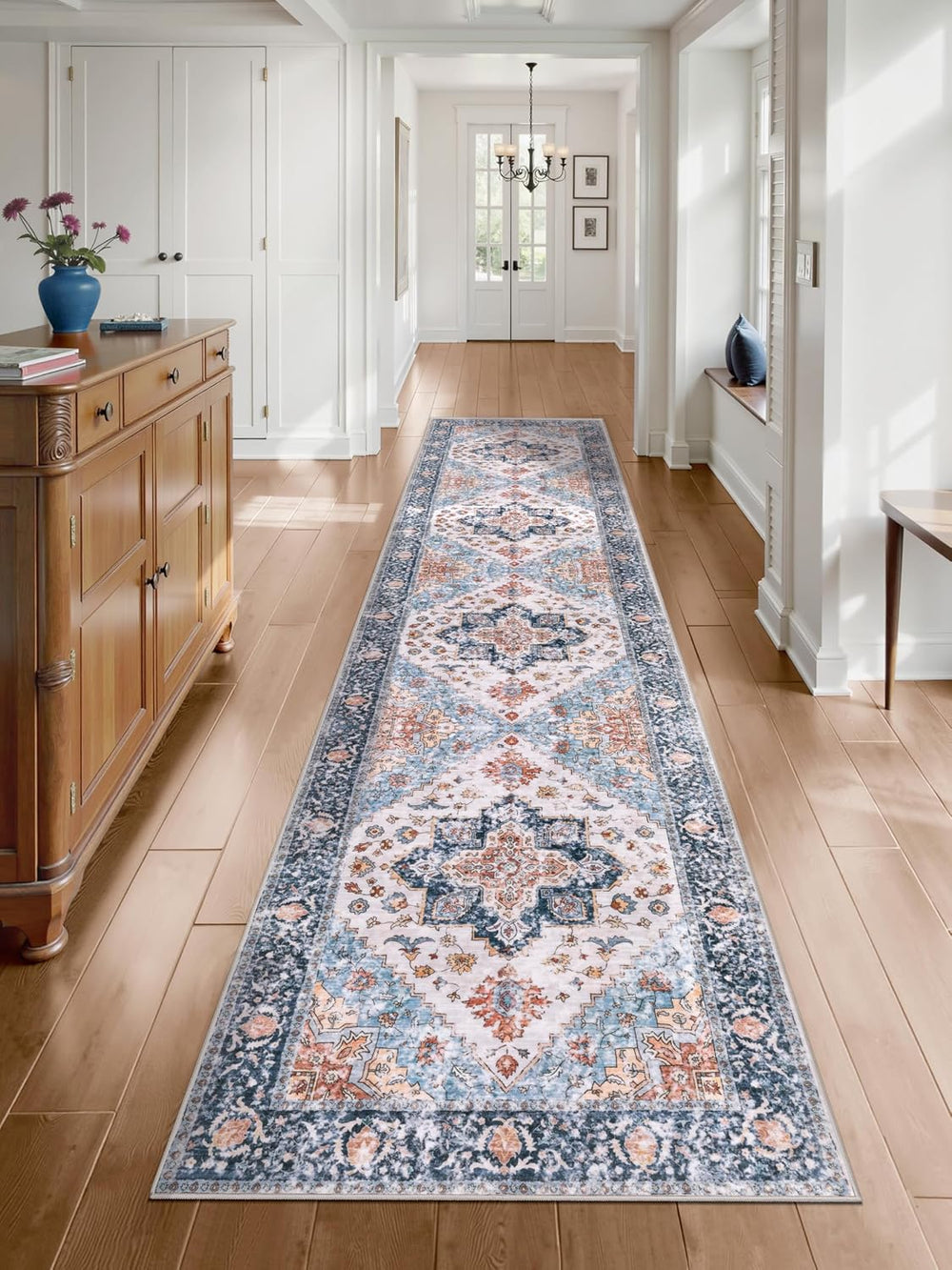SERISSA Runner Rug for Hallways, Extra Long Boho Rug Ultra Soft Vintage Blue